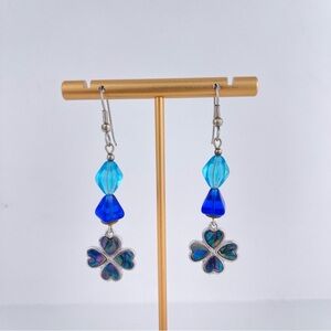 VTG‎ Handmade Blue Abalone Four Leaf Clover Earrings